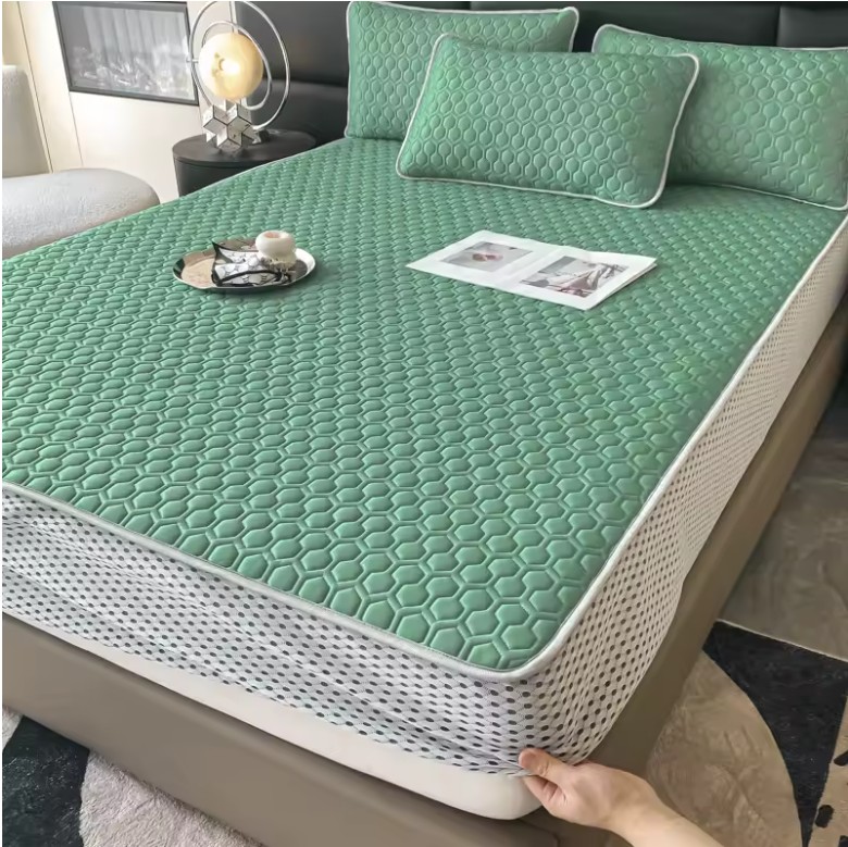 Thickened Natural Latex Cooling Mat – Breathable Ice Silk Summer Bed Sheet Set with Pillowcases